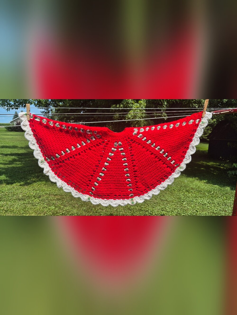 Vintage Handmade Crocheted Christmas Tree Skirt Red White Holly Ribbon 35" Solid